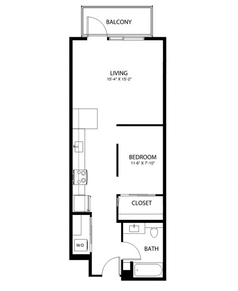 Floor plan for 1 bed, 1 bath, 643 sqft